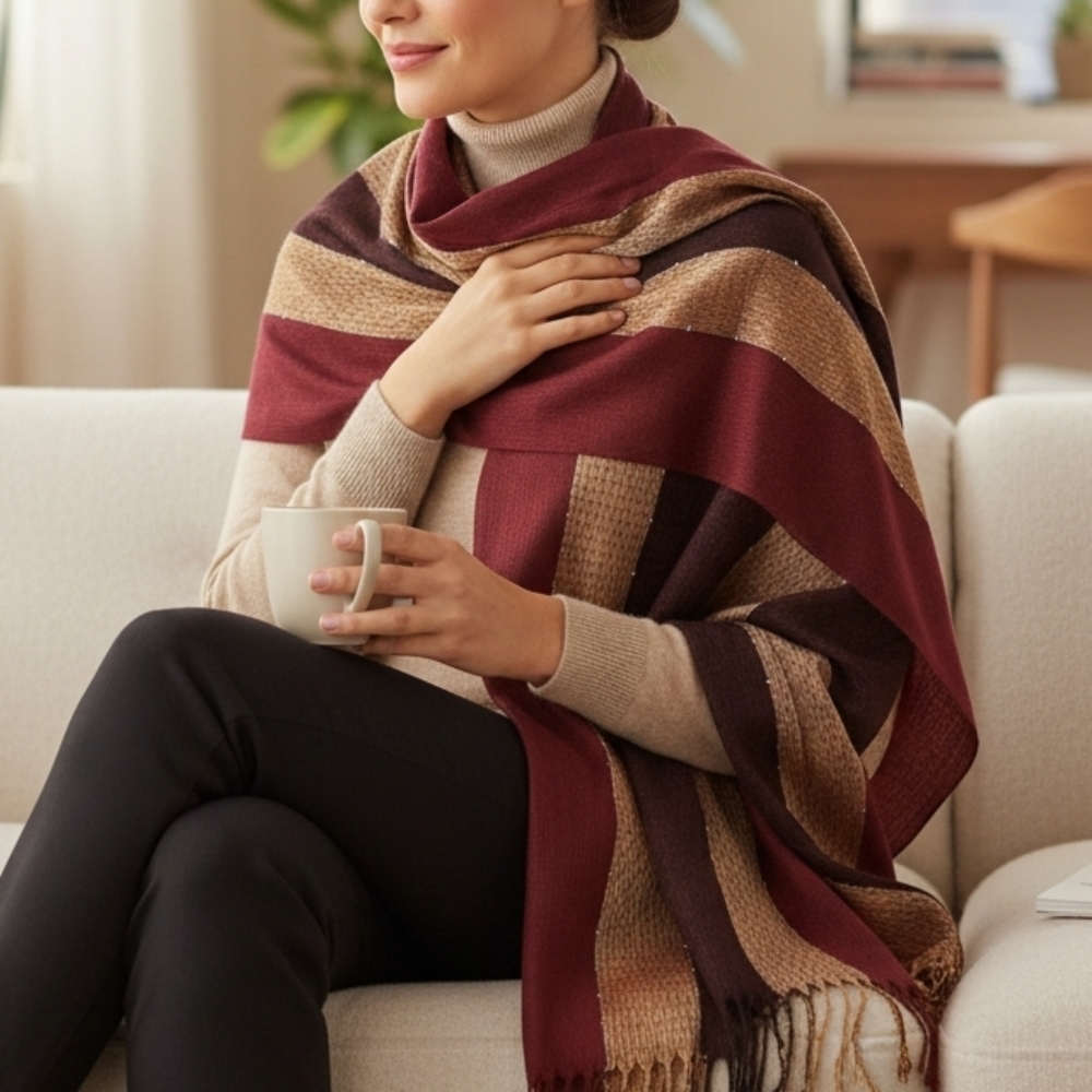 Burgundy & Gold Pashmina Shawl Silk Blend  Sequin Accents